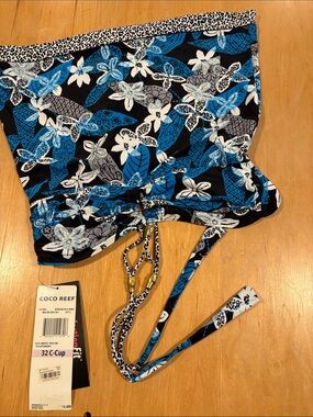 Coco Reef Blue Black Floral Swim Top with White Accents